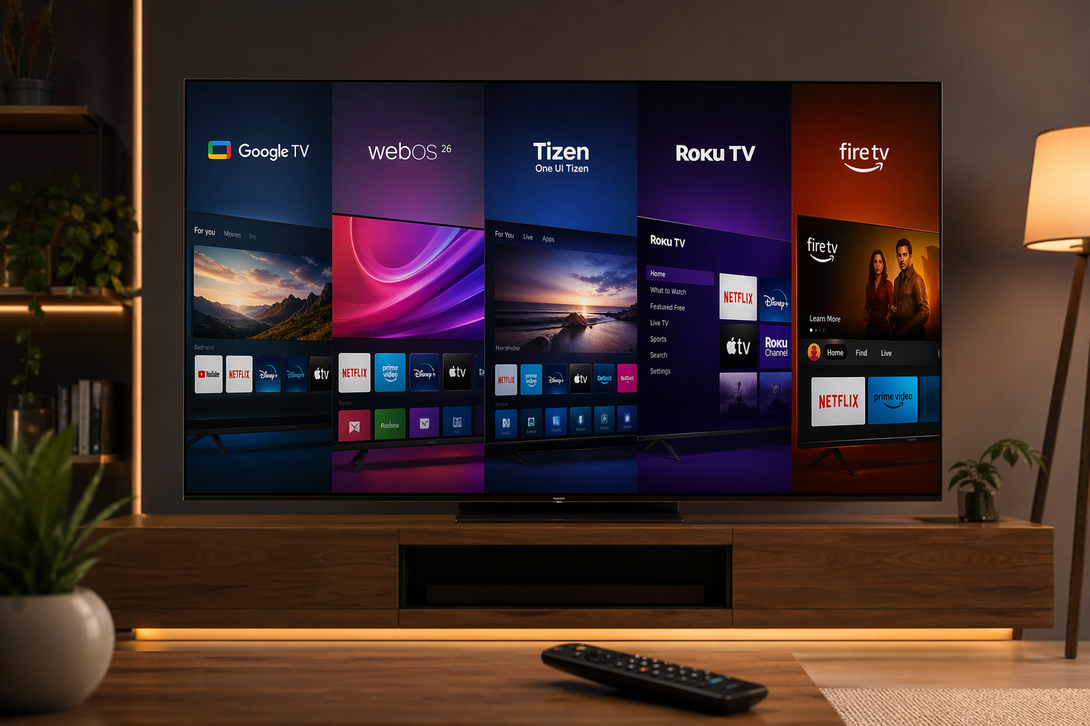 Melhor sistema de Smart TV em 2026: compare Google TV, webOS, Tizen, Roku e Fire TV